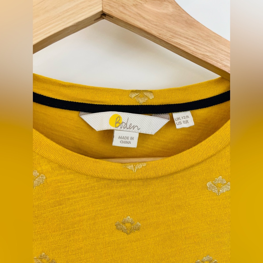 Boden Jersey Dress - Mustard with Gold Foil Floral Pattern - Size 8 - Picture 4 of 6